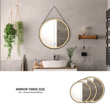 Stainless Steel Frame Wall Mounted Mirror Decorative Touch Screen LED Makeup Round Mirror with leather strap